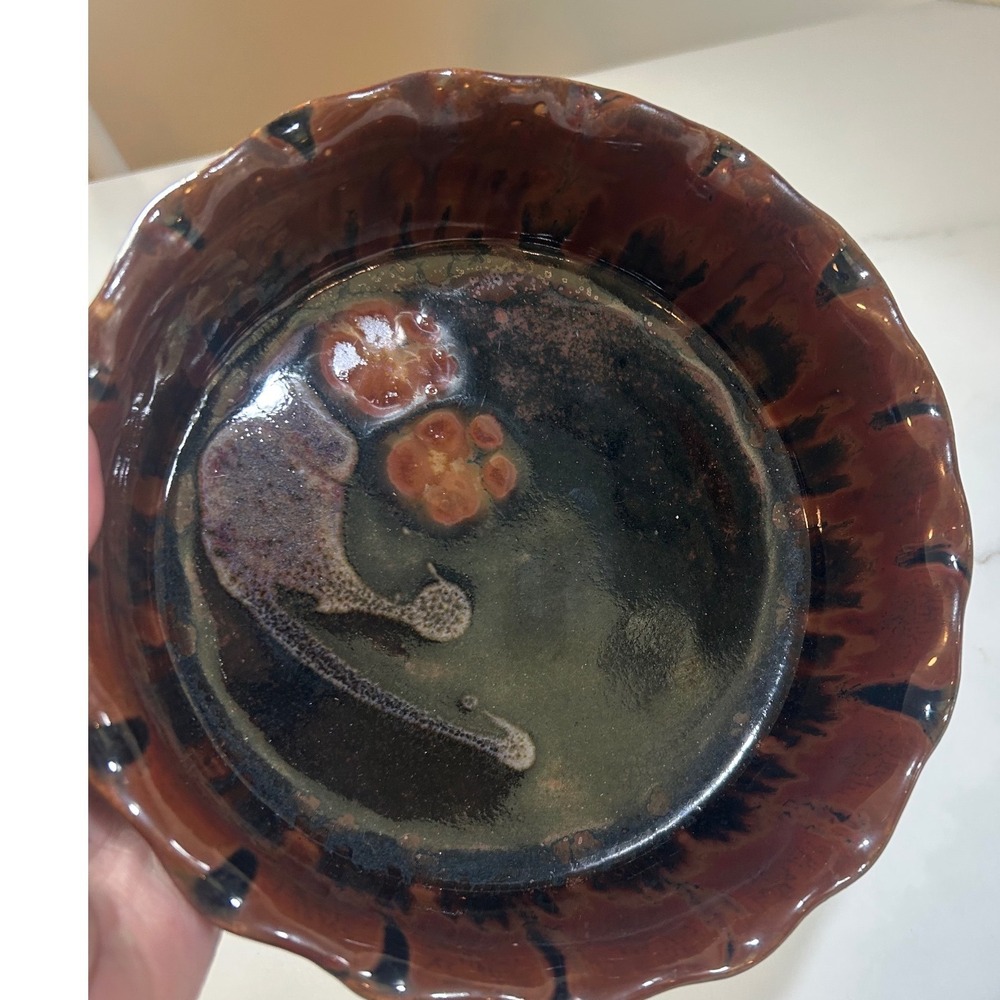 Evans Studio Pottery Scalloped Bowl Hand Signed Brown Black Glazed 7.5 Inch